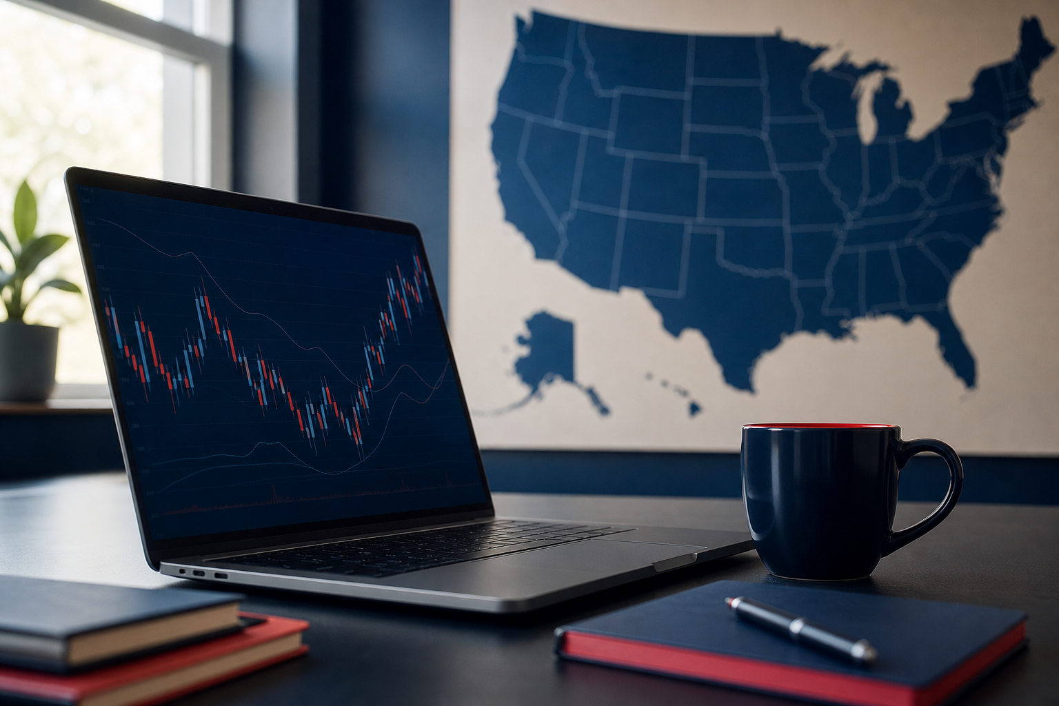 office desk with a laptop showing an exchange rate chart, a cup of coffee, and a map of the United States in the background, no visible text or numbers