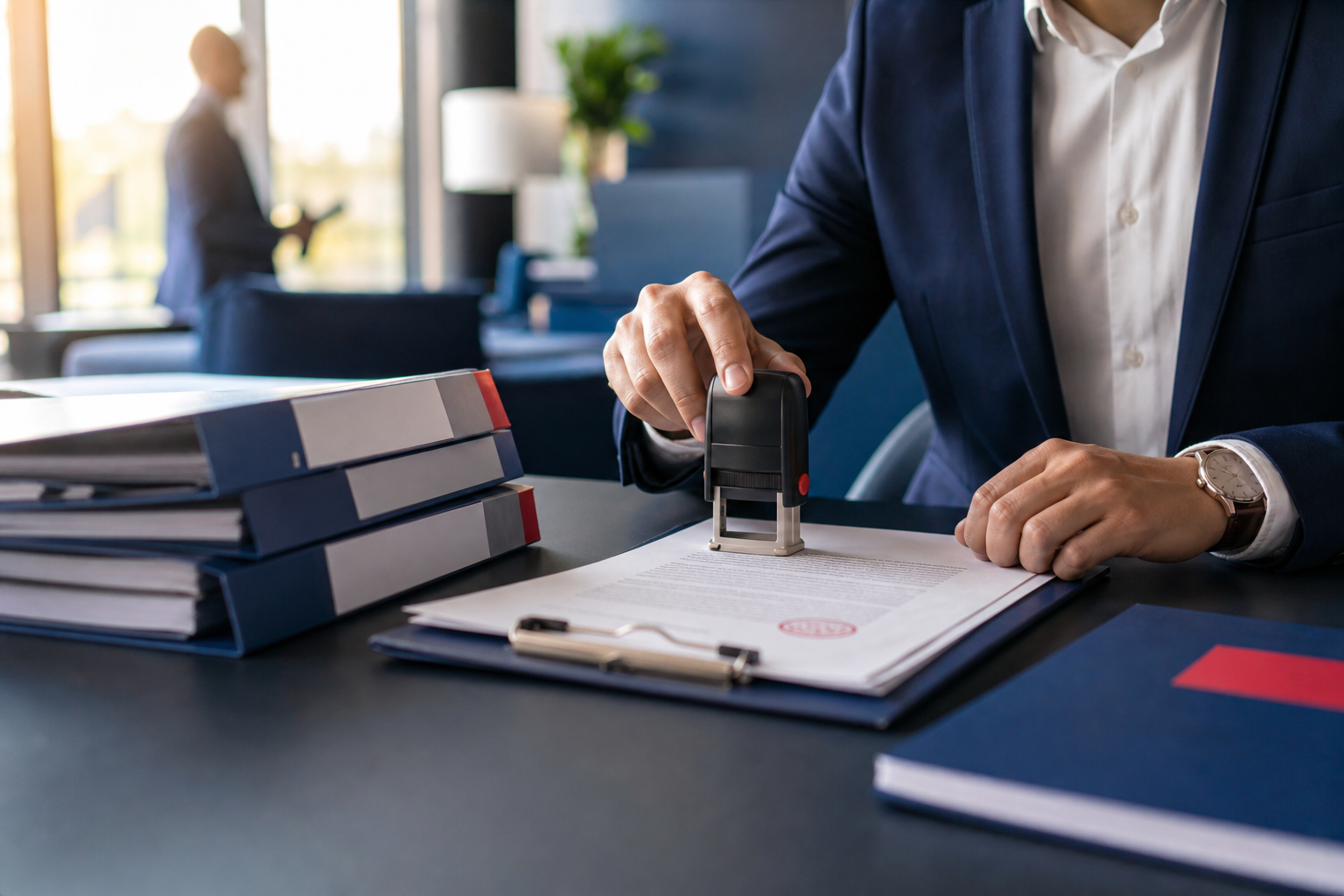 Desk with neatly labeled business document folders, an approval stamp on one of them, in a bright, organized office setting, no legible text on the folders