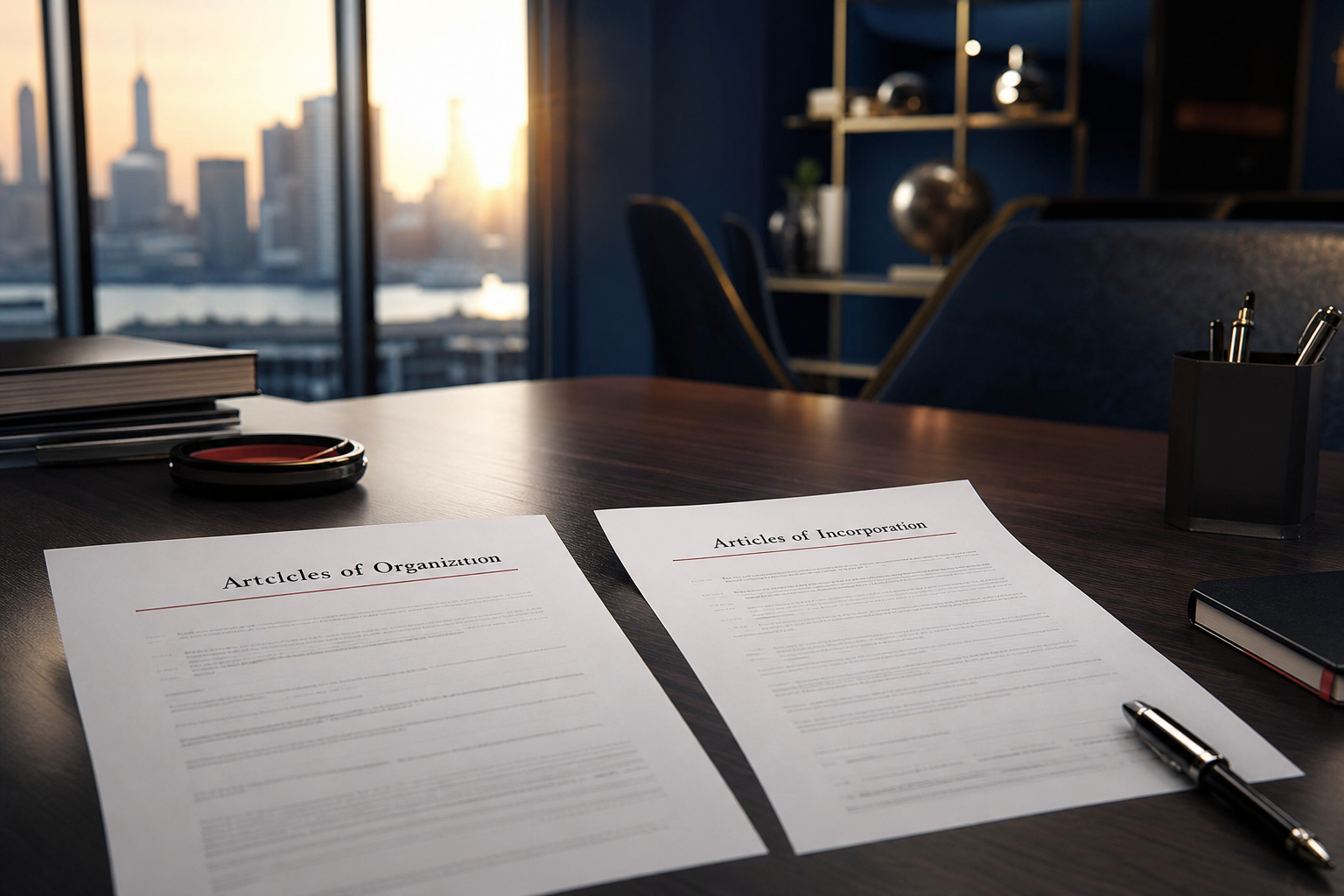 An office desk with two documents side-by-side, one titled "Articles of Organization" and the other "Articles of Incorporation," a pen resting on the desk, and late afternoon light.