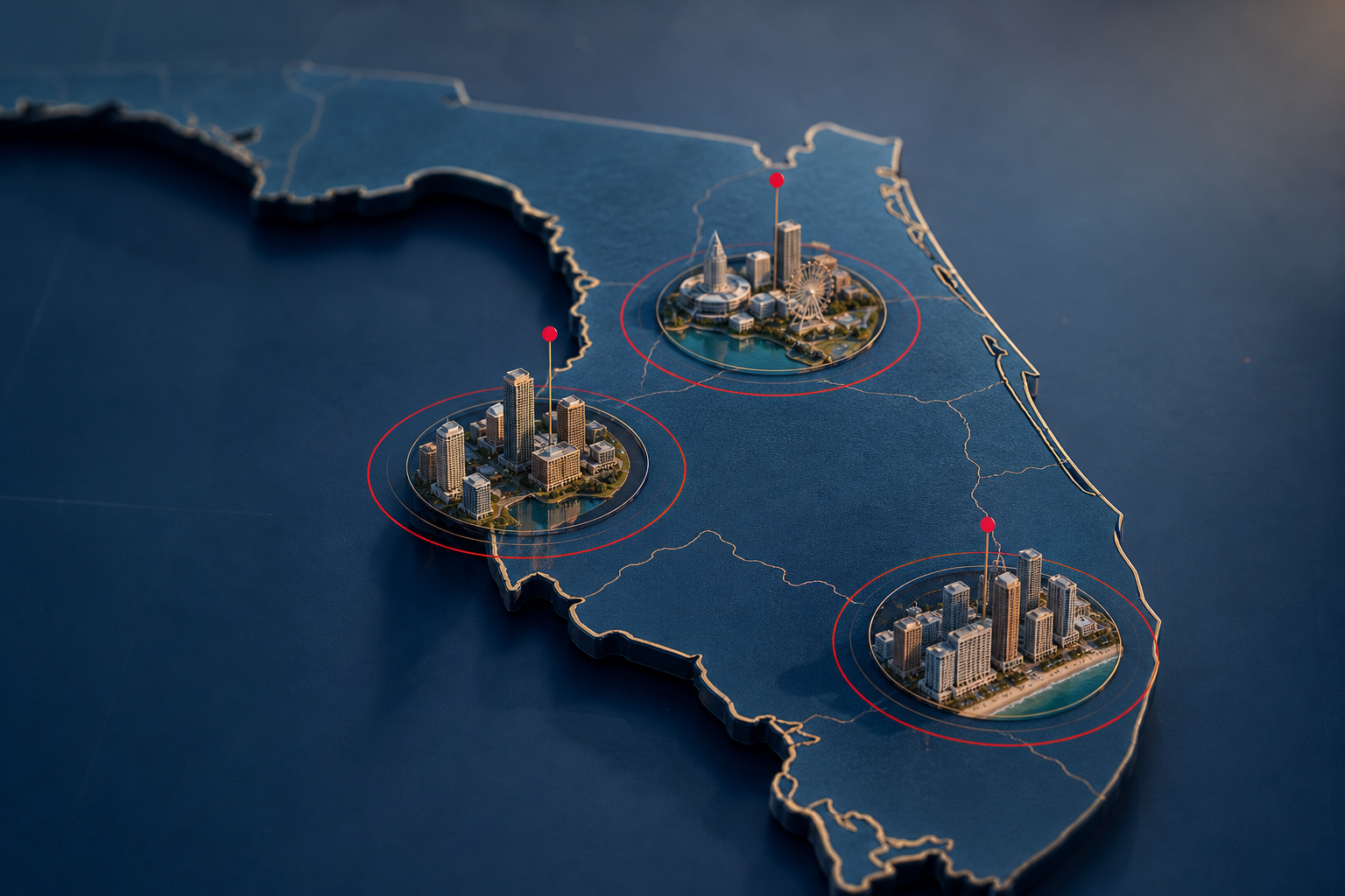 mapa estilizado del centro de Florida que muestra tres áreas urbanas distintas, sin texto ni números, representando Orlando, Tampa y Miami una al lado de la otra