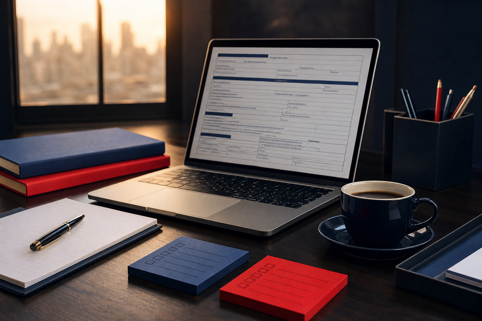 mesa de trabalho com laptop aberto mostrando formulários de registro empresarial americano, xícara de café, notas adesivas com listas de tarefas, luz de fim de tarde