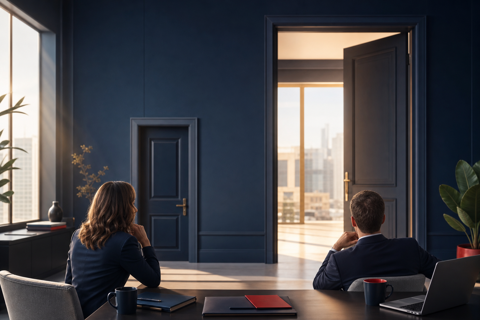 Two business people at an office table looking at two different paths represented by doors, one smaller and one larger, with natural light from a window