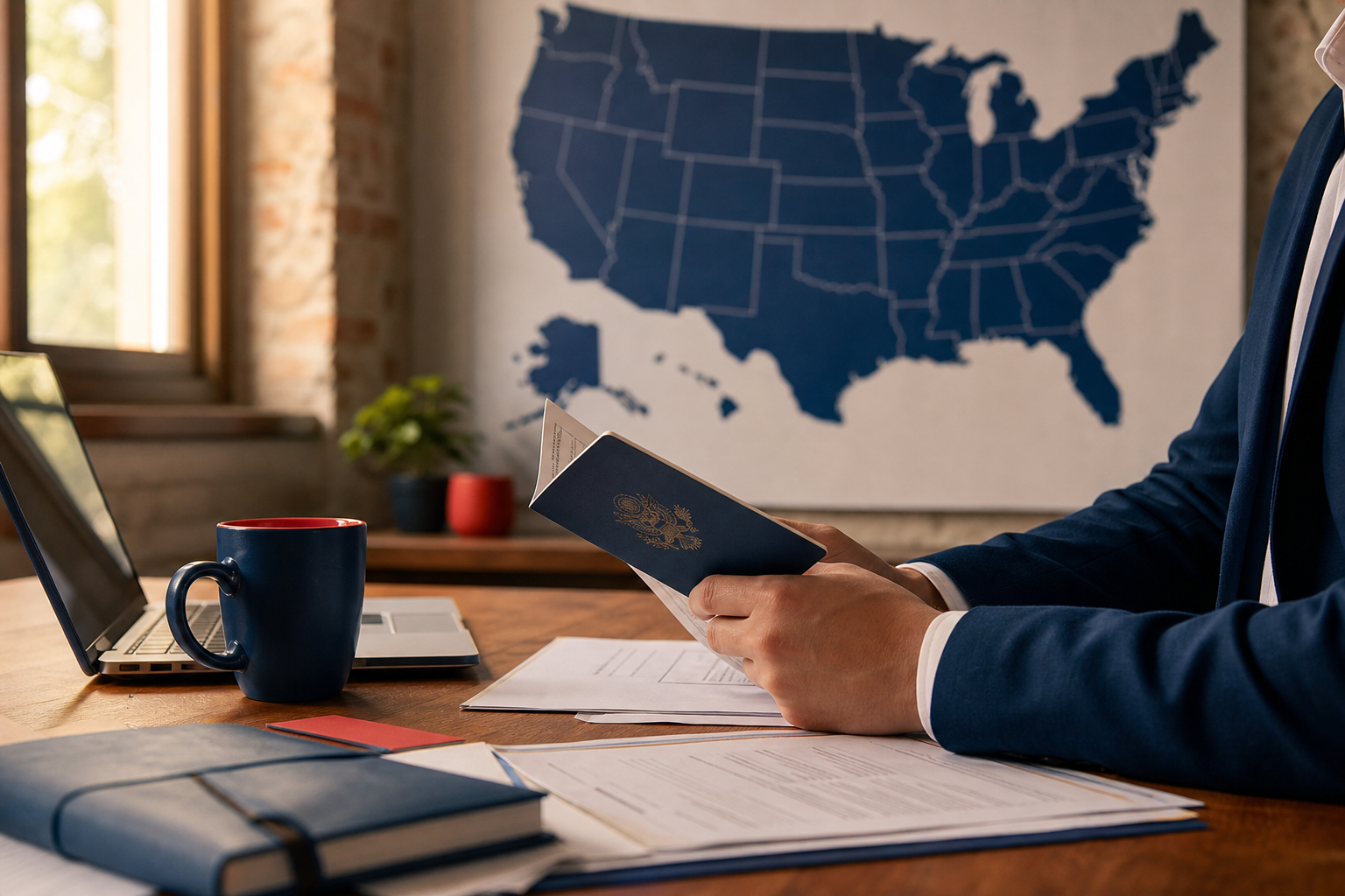 person reviewing a passport and documents on a wooden desk, with a map of the United States in the background, in a well lit office setting