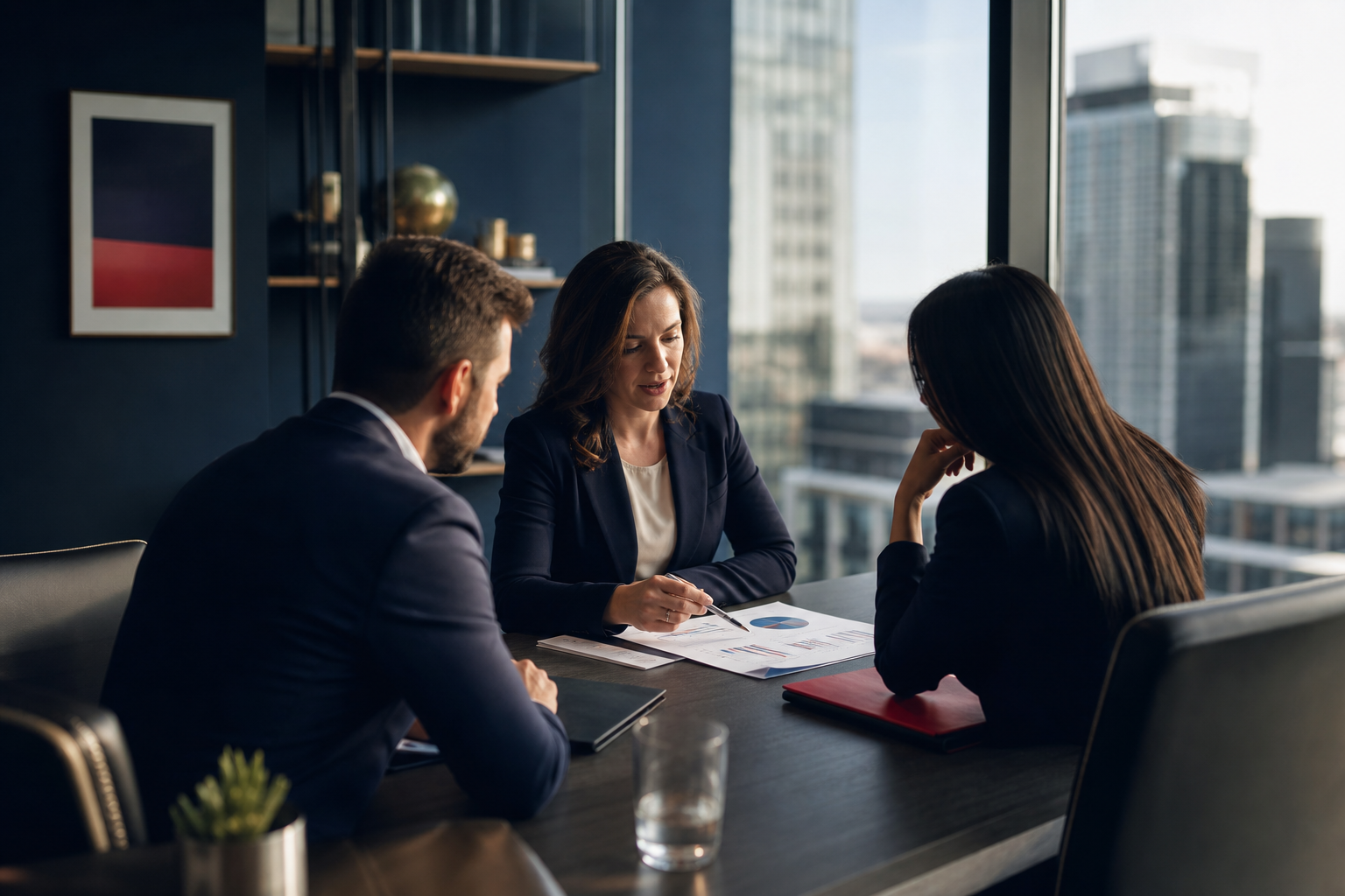 meeting table with three people discussing a document with simple charts, modern office setting with a view of buildings
