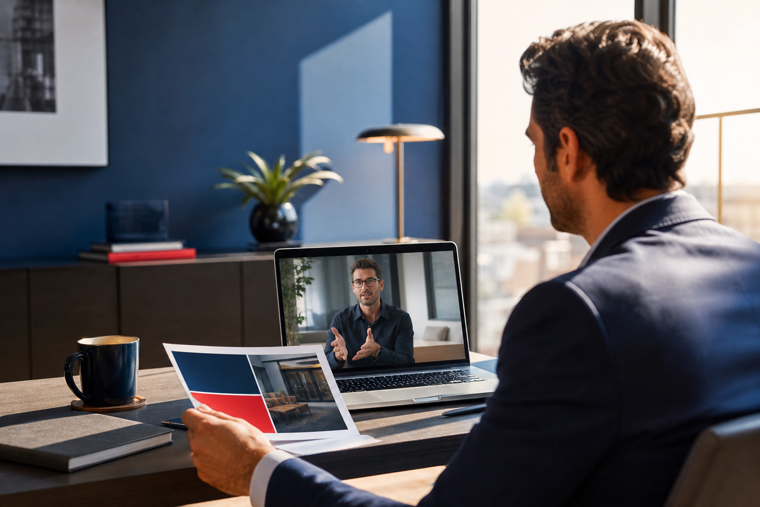 A small business owner reviewing marketing materials and a laptop screen with an advertising consultant in a modern office setting