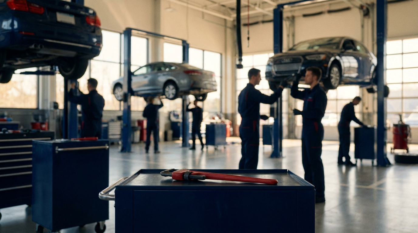 Um centro de serviços automotivos moderno e limpo com carros em elevadores e técnicos trabalhando