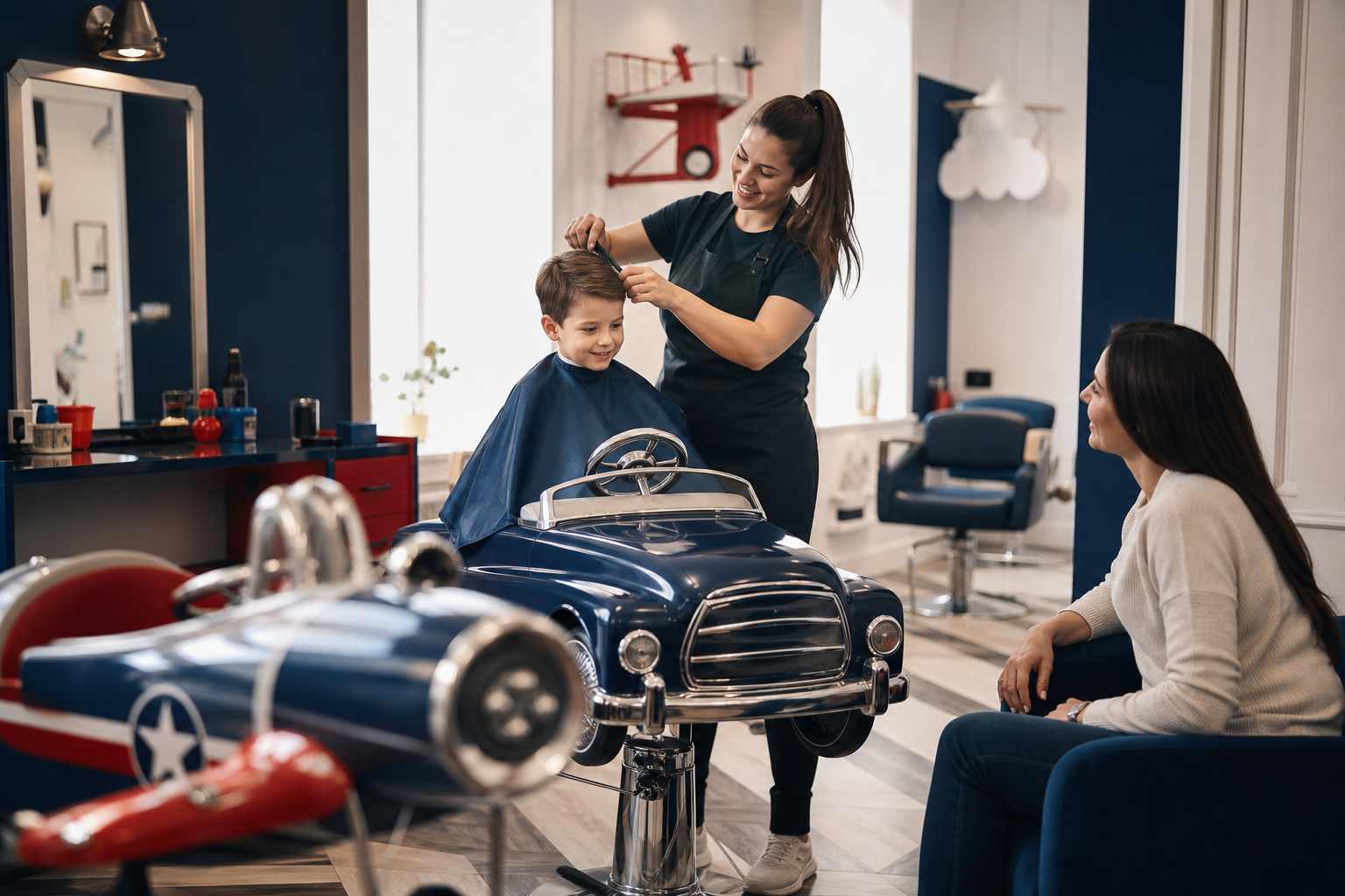 A bright children's haircut salon with a child in a themed chair and a parent watching nearby