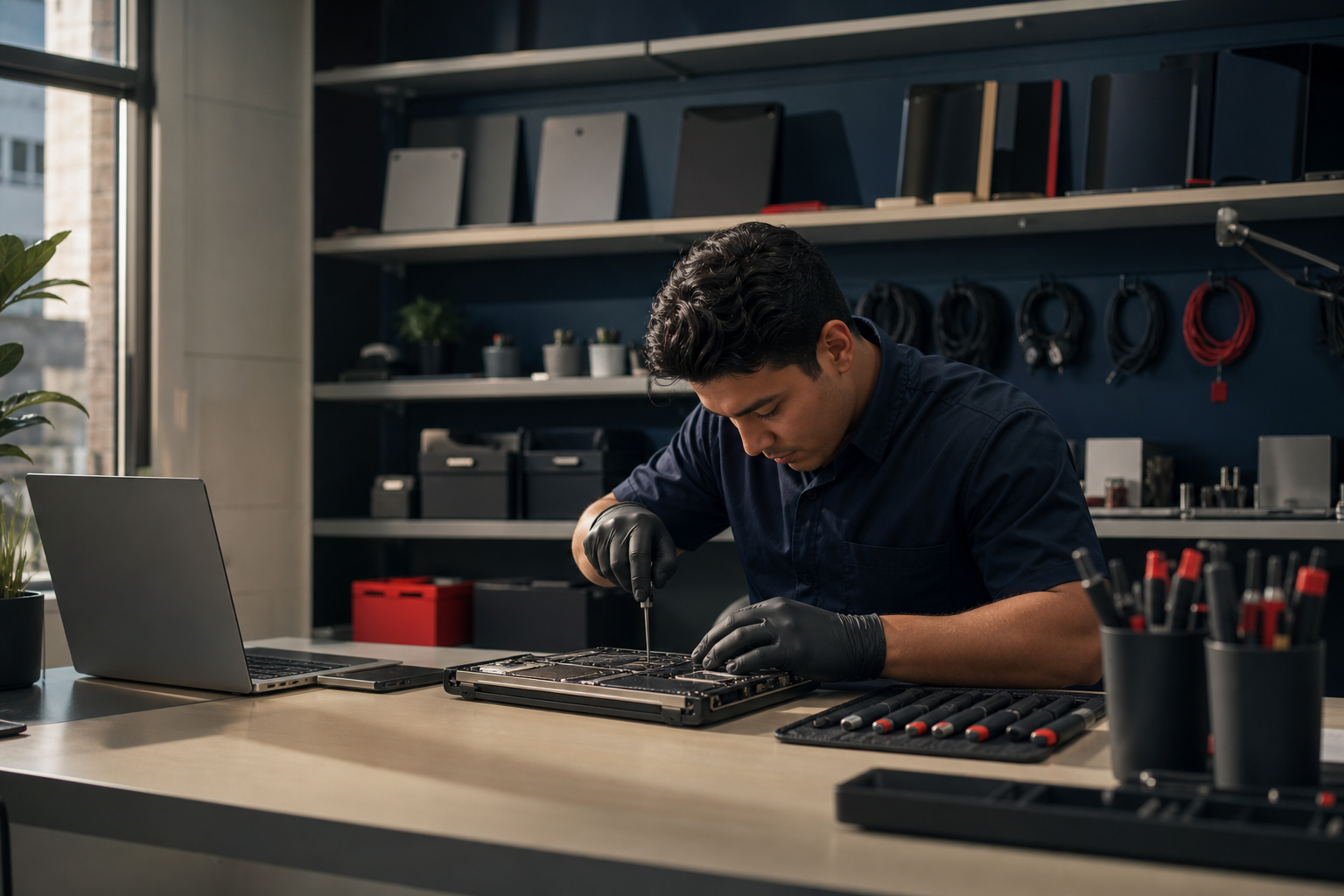 un técnico en la oficina de un pequeño local reparando una laptop sobre una mesa de trabajo limpia, con estantes de dispositivos y cables ordenados de fondo