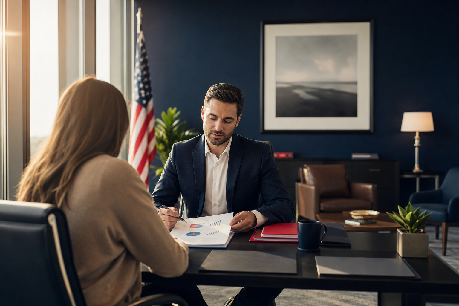 A financial services franchise office interior with a professional at a desk reviewing documents with a client, warm natural light