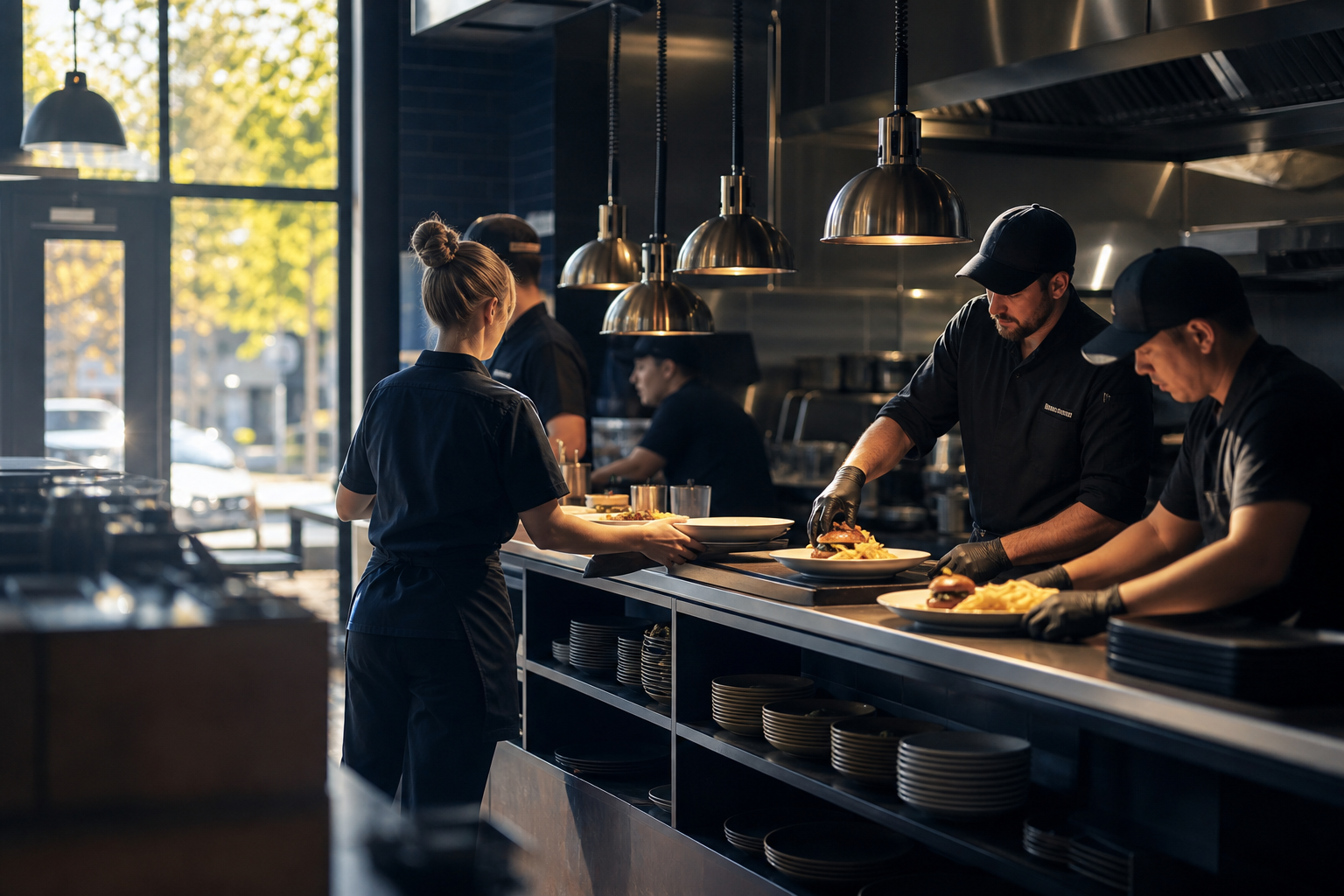 A franchise restaurant kitchen mid-shift, cooks plating orders under heat lamps as a server picks up a tray, morning light through a front window