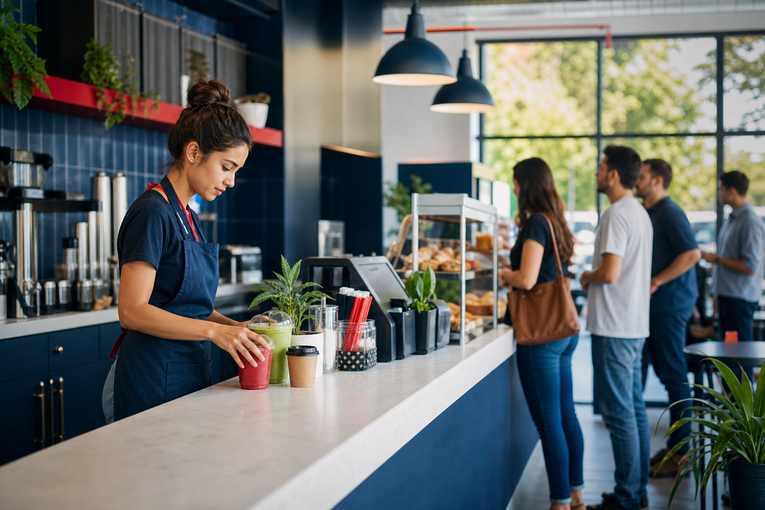 Un mostrador moderno y luminoso de café y smoothies con un barista preparando bebidas, luz de la mañana entrando por las ventanas, clientes esperando en fila