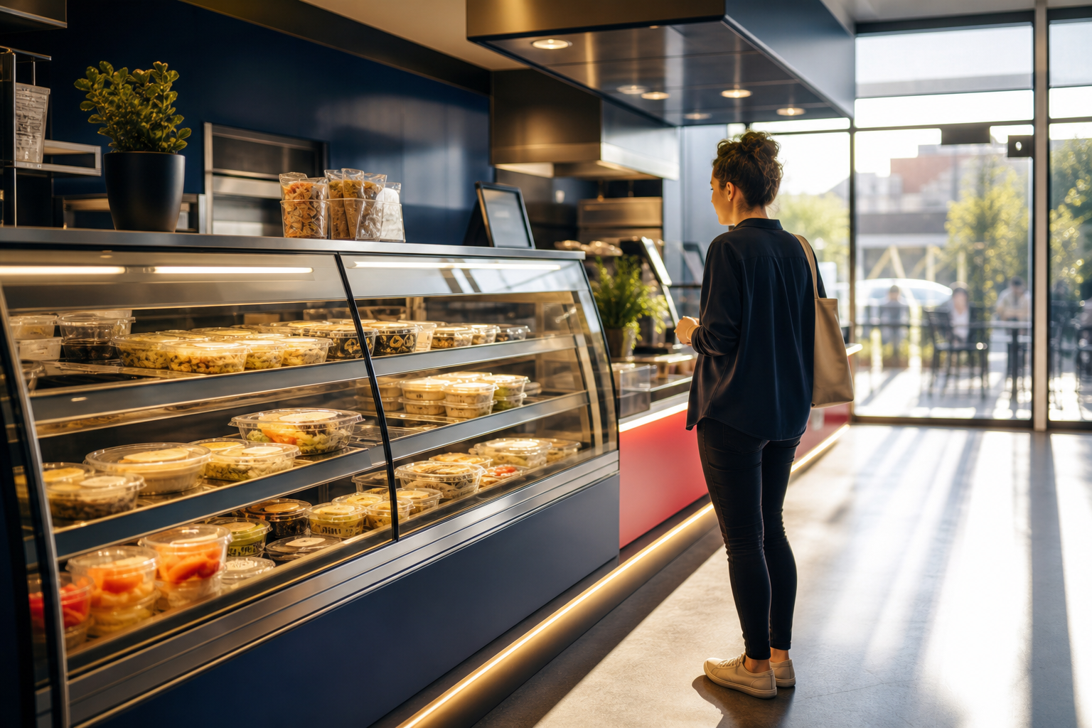 A tidy convenience food counter with prepared grab-and-go meals in a clean display case, morning light through the storefront window