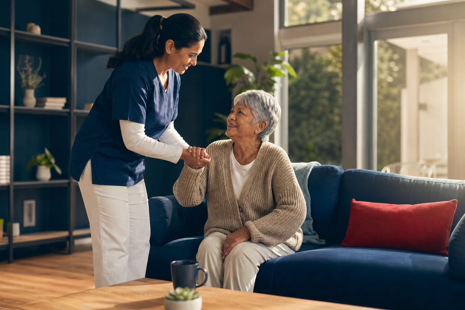 A home care professional assisting an elderly client in a bright living room, warm and unhurried