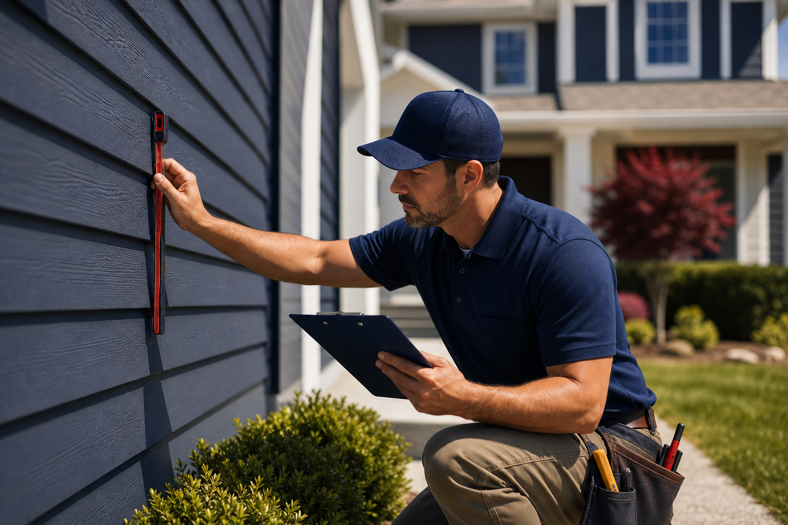 A franchise crew member in work gear measuring and inspecting a home's exterior siding with a clipboard, midday light, suburban house in the background