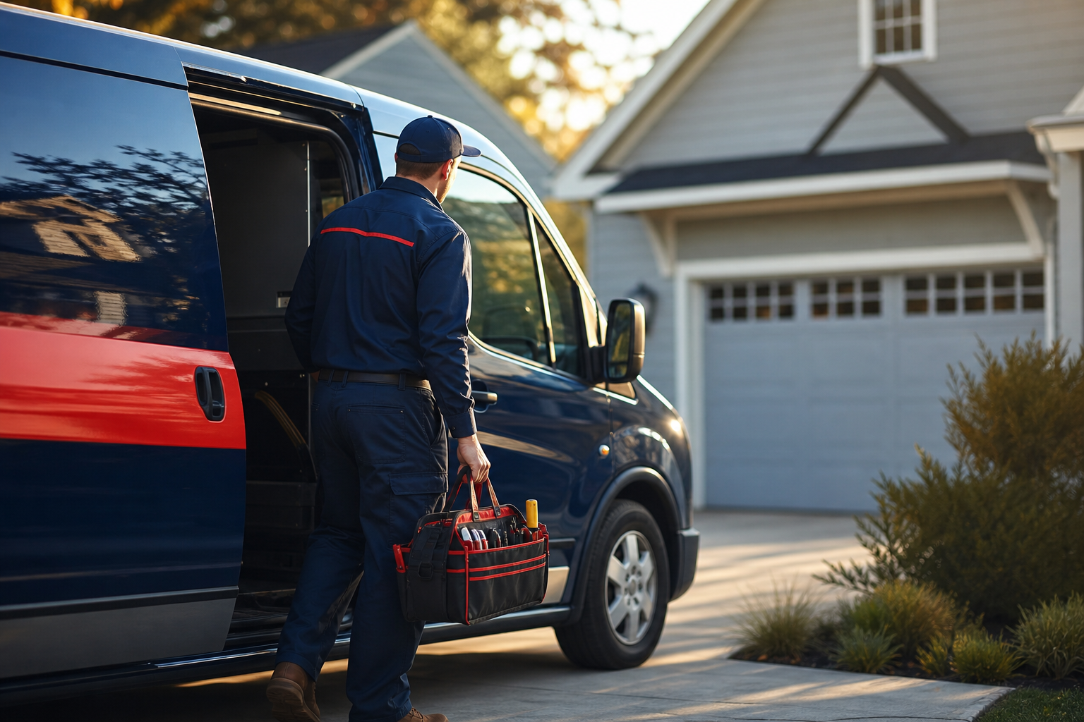 A uniformed technician stepping out of a branded service van in a suburban driveway, tool bag in hand, morning light