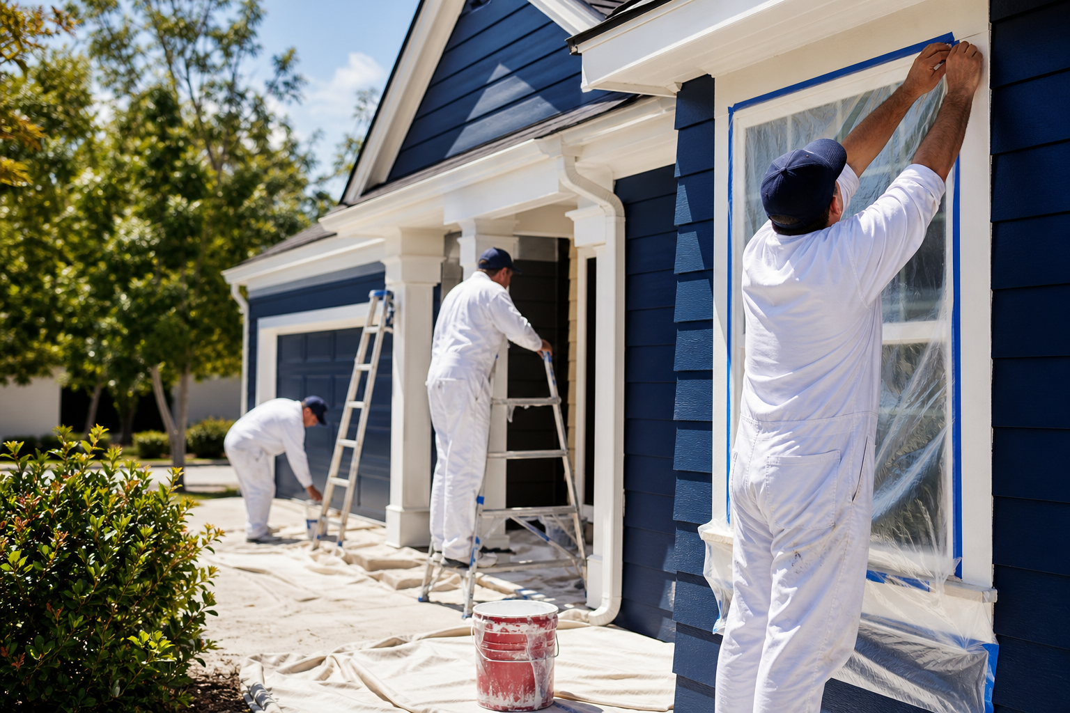 A painting crew in coveralls prepping and taping the exterior trim of a suburban home on a clear day, ladders and drop cloths visible, no text or numbers in the image