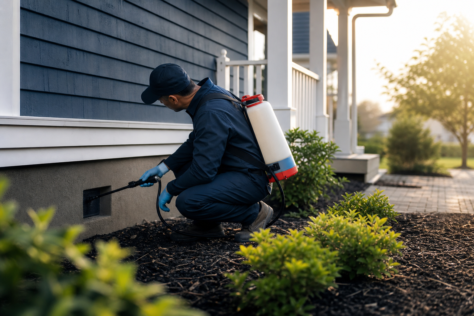 a pest control technician in uniform inspecting the exterior foundation of a suburban house with a spray tank on their back, morning light, no visible text or logos