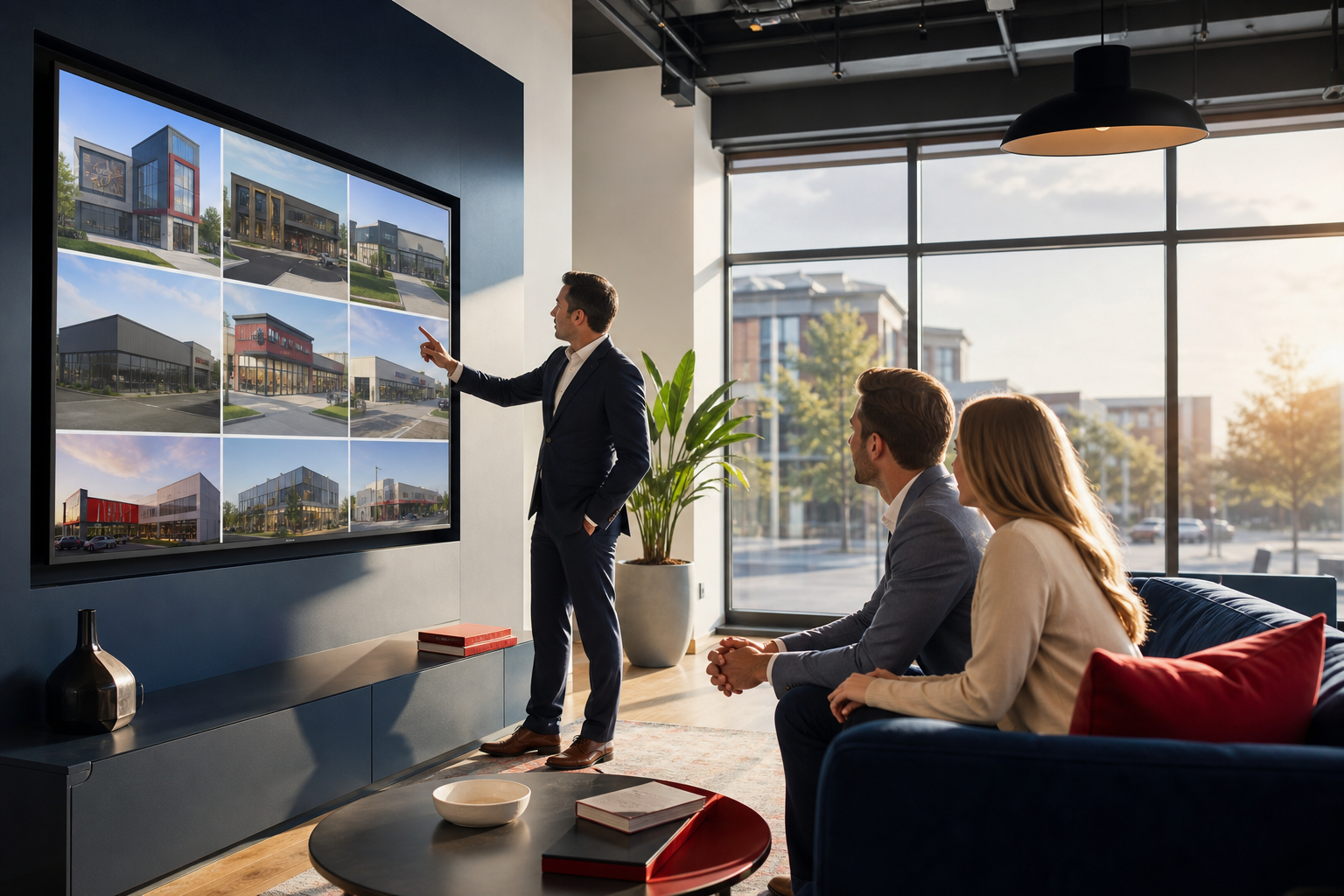 A modern real estate office with an agent showing property listings on a large screen to a well-dressed couple, natural light coming through large windows