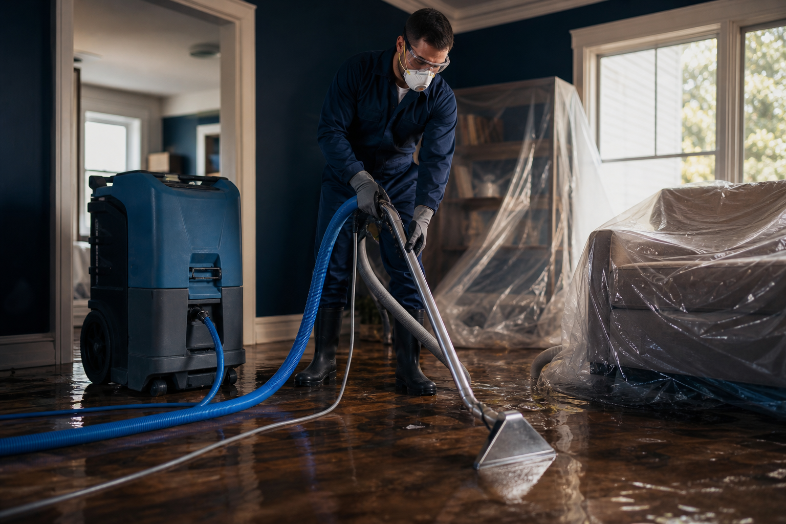a restoration technician in protective gear operating industrial water extraction equipment inside a flooded residential room