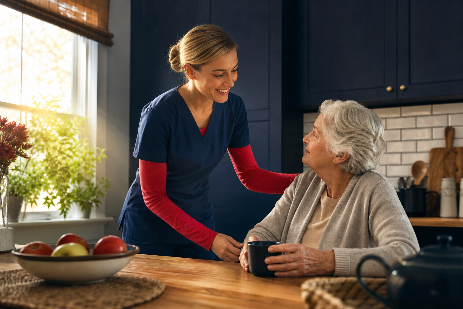 A caregiver helping an elderly client with a home visit, warm morning light through a kitchen window, no text or numbers visible